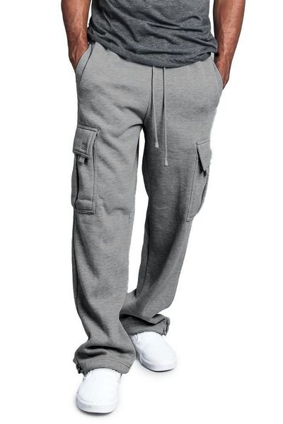 

mens cargo pants casual mluti pocket loose sport straight trousers drawstring elastic waist fashion male clothing, Black