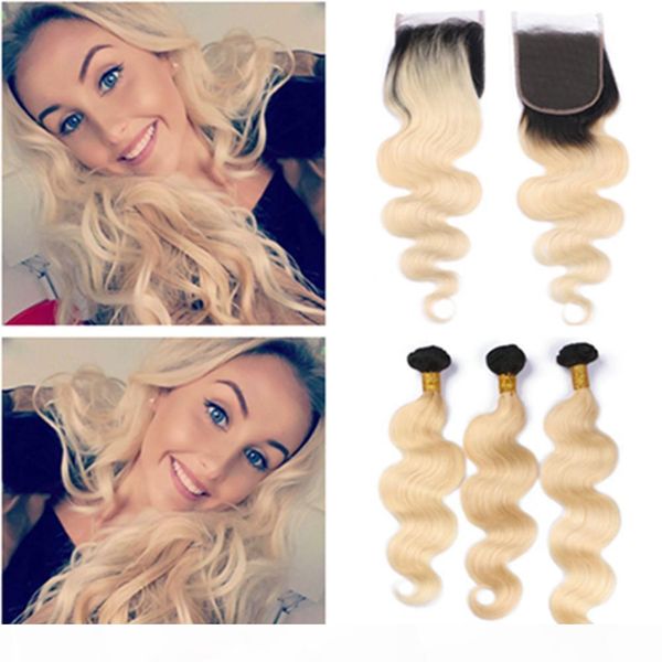 

#1b 613 blonde ombre brazilian wavy human hair 3bundles with closure body wave ombre blonde weave wefts with 4x4 lace closure piece, Black;brown