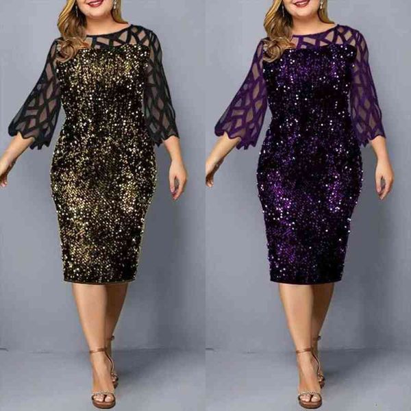 

vintage dress womens summer lady dress sequin mesh stitching bodycon hollow 3 4 sleeve o-neck midi elegant dresses robe, Black;gray