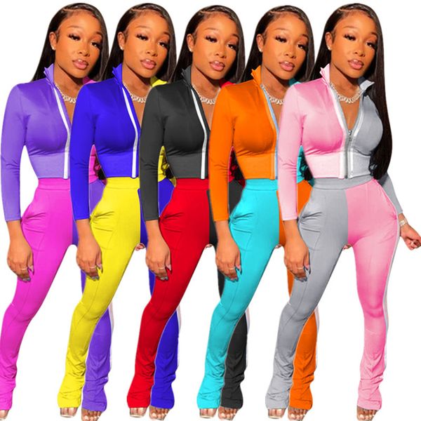 

9642#2020 women's color block splicing fashion leisure sports two piece set, White