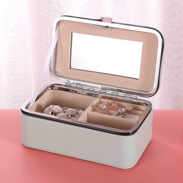 

pu leather jewelry box case female travel portable jewellery storage organiser with mirror women gift, Pink;blue