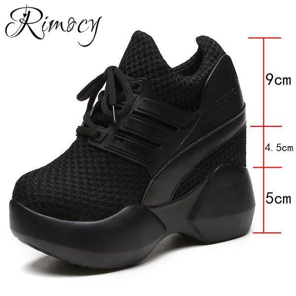 

rimocy women sneakers 9.5cm height increasing shoes woman mesh casual platform trainers red shoes wedges breathable sneaker 201202, Black