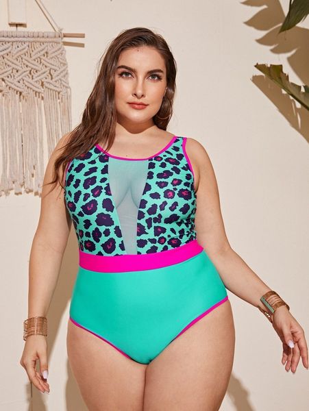 

plus leopard contrast mesh contrast binding one piece swimsuit p5sd#, Black