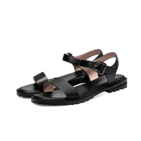 

2021 genuine leather women's low-heel, black-white cowhide women sandals, big size 34-43. h0un