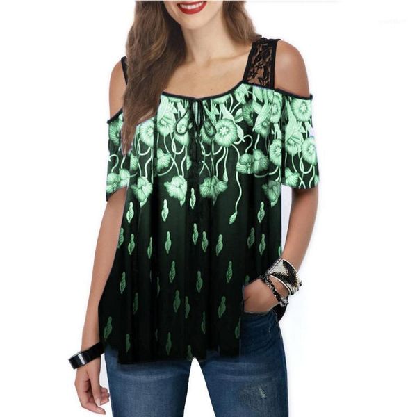 

women casual short sleeve floral print lace stitching strappy loose t-shirt1, White