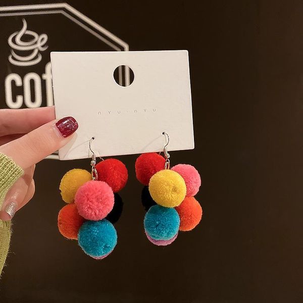 

colorful pom pom women dangle earrings puff ball fluffy cute earrings ladies pendientes brincos xmas jewelry fashion, Silver