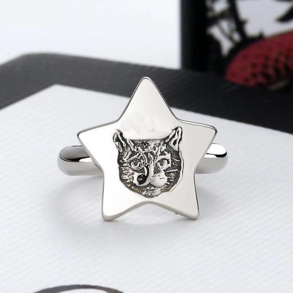 

europe america retro lady women brass silver plated engraved cat head g letter five-pointed star rings size6-8, Slivery;golden