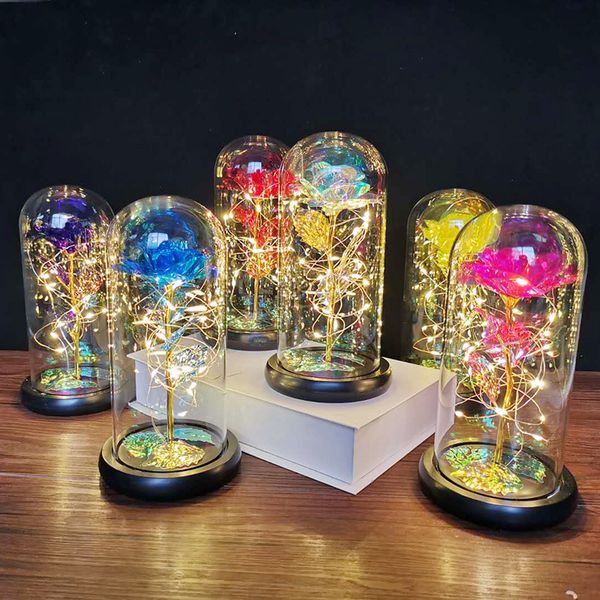 

gold leaf rose glass cover with led lamp luminous simulation flower christmas valentine's day gift handicraft ornaments t3i51631