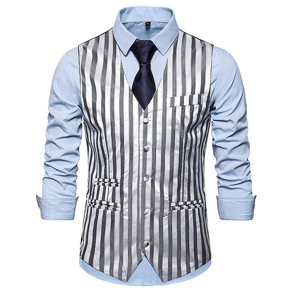

luxury glossy vertical striped mens suit vest new classic dress wedding blazer masculino slim fit business men gilet de costume, Black;white