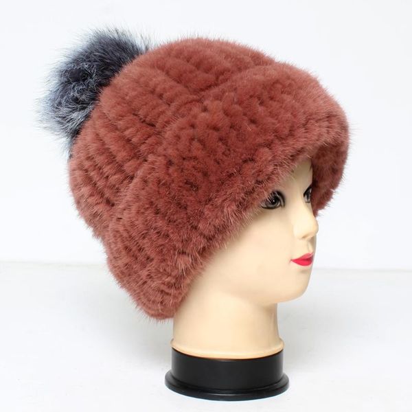 

beanie/skull caps 2021 fashion luxury genuine hat winter women knit real with fur pom hats thick warm casual cap, Blue;gray