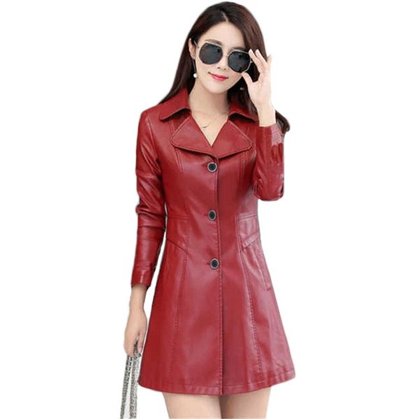 

faux leather coat women red black plus size leather jackets 19 new autumn winter korean casual long slim plus cotton coat lj201127