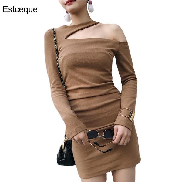 

2021 autumn off the shoulder dress women oblique shoulder slim long sleeve hip dress high waist hollow out solid mini, Black;gray