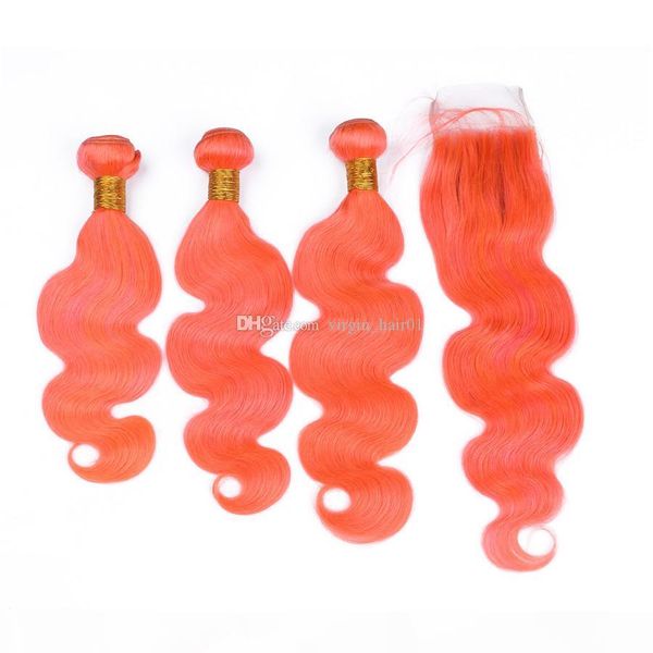 

colored orange virgin brazilian human hair bundles with lace closure 4x4 body wave pure orange hair weaves extensions with closure, Black;brown