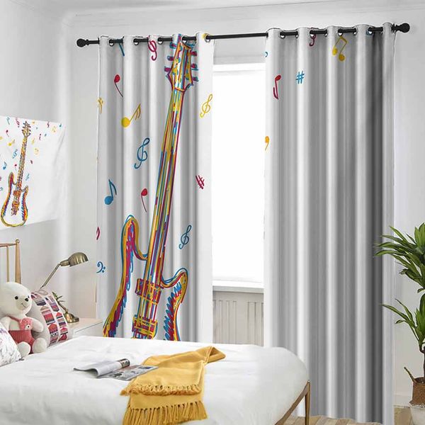 

thermal insulated room darkening window shade doodle style illustration of guitar instrument with musical notes hand drawn art curtain