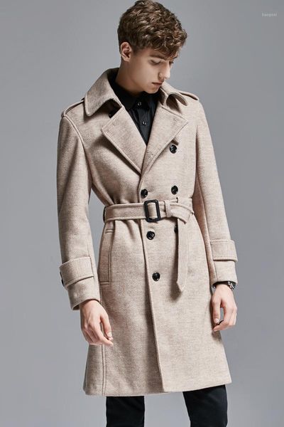 

herringbone woolen coat men's 2020 autumn/winter new double breasted retro wool male business causal long warm overcoat1, Black
