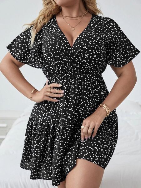 

plus surplice front allover print dress 89ds#, Black