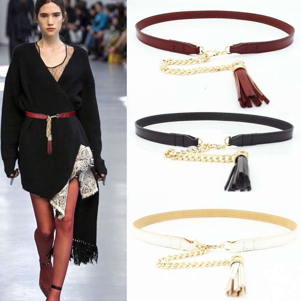 

pure cow layer decorative belt, women's new thin simple versatile leather with skirt sweater tassel waist chain, Black;brown