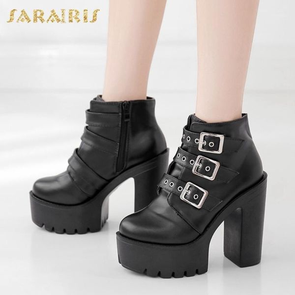 

sarairis 2020 new arrivals comfortable boots female zip up platform thick high heels buckle decoration ankle boots woman shoes1, Black