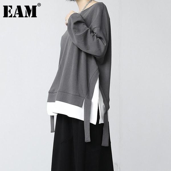 

eam] women gray white irregular vent spliced big size t-shirt new round neck long sleeve fashion spring autumn 2021 1dd0576