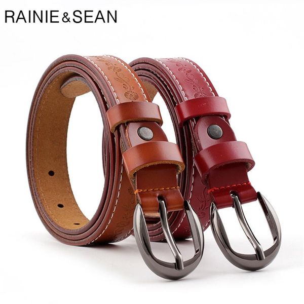 

rainie sean waist belts for women flower carved vintage real leather ladies belt for jeans pin buckle red coffee black belts, Black;brown