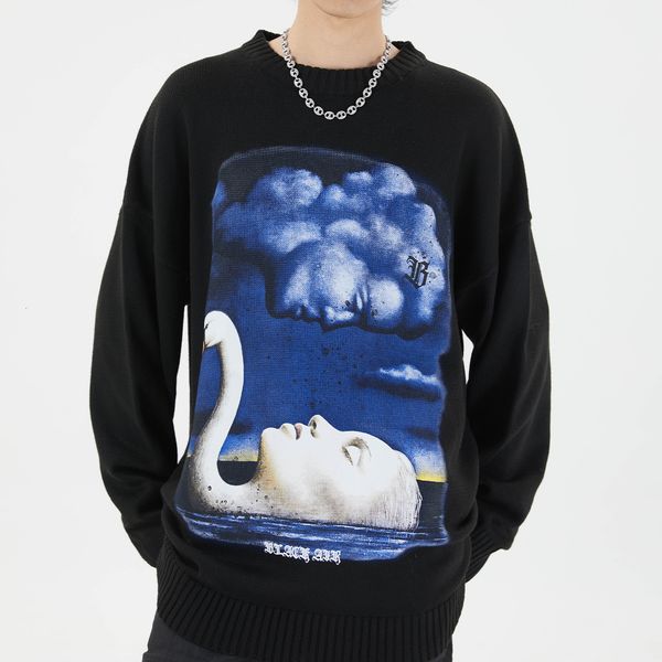 

2021 new face swan print knittwear harajuku loose sweater oversize hip hop streetwear cotton pullover men women black ss ehib, White;black