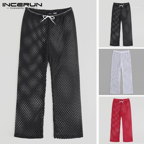

mesh men pants drawstring loose transparent casual trousers men breathable see through fashion long pants 2019 incerun 5xl1, Black