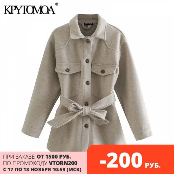 

kpytomoa women 2020 fashion with belt loose jacket coat vintage long sleeve pockets female outerwear chic, Black;brown