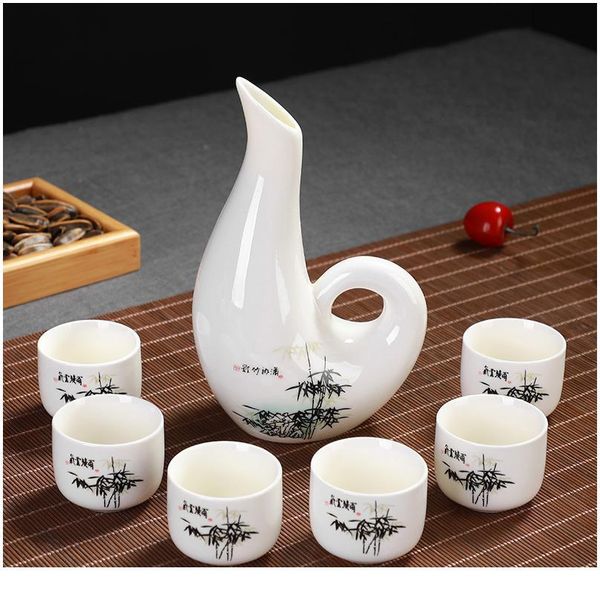 

chinese sake set, 6 pieces sake set hand painted design porcelain pottery traditional ceramic cups crafts wine glasses sqchfk