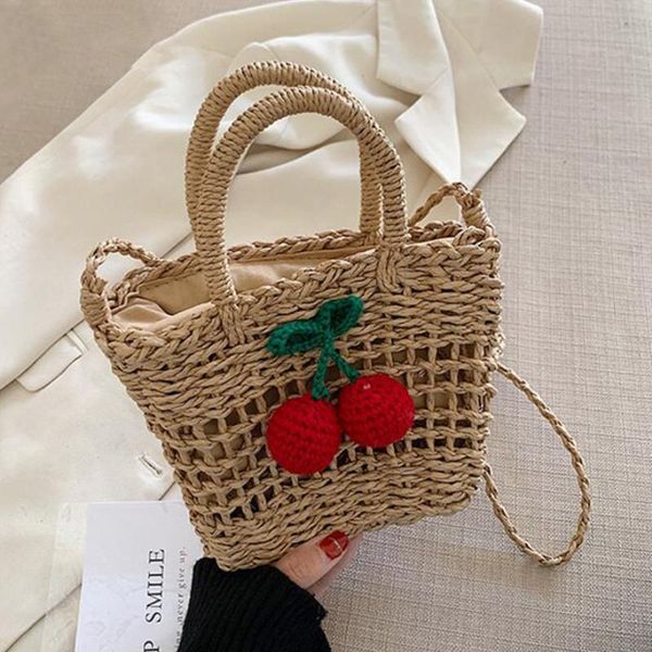 

2020 cherry small straw bucket bags for women new fashion handbag seaside vacation beach bag girls shoulder messenger bag
