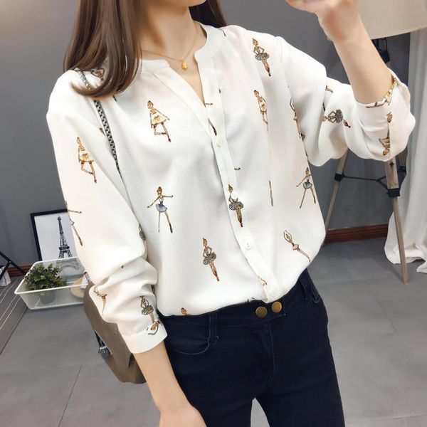 

2019 spring new women shirts ballerina girl print v-neck famale blouse fashion long sleeve buttons women streetwear, White