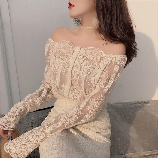 

new arrivals ladies fashion lacework slash neck strapless sling chic pullover slim blouse shirt women lace long sleeves top, White