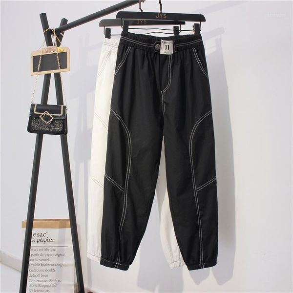 

long cargo pants high waist pants women loose capri elastic waist trousers for women solid cotton casual overall1, Black;white