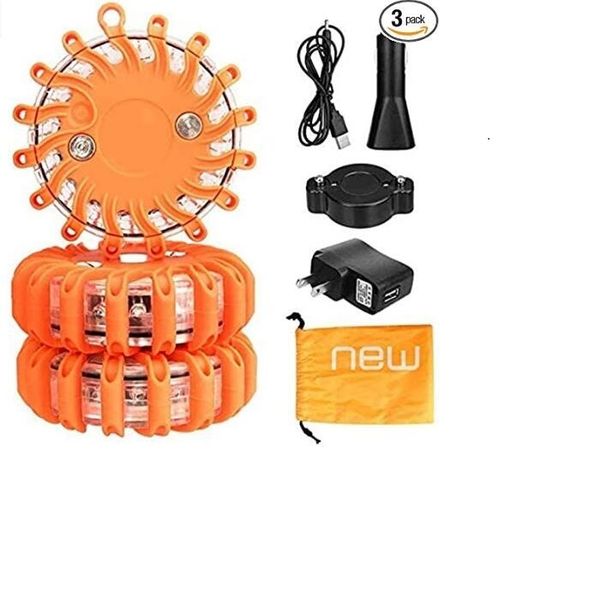 

rechargeable led road flares, flashing emergency warning light, roadside safety disc, magnetic base with storage bag for car truck boat -3 p