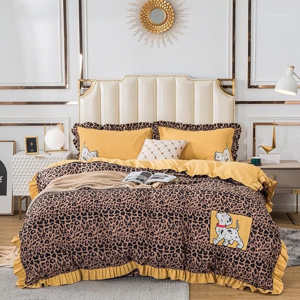 

modern style leopard print dog printed 100% cotton bedding set double duvet cover bed linen fitted sheet pillowcase home textile1