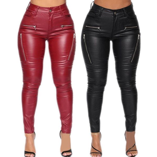 

pants middle waist buttock wrapping stylish faux leather women trousers for party, Black;white