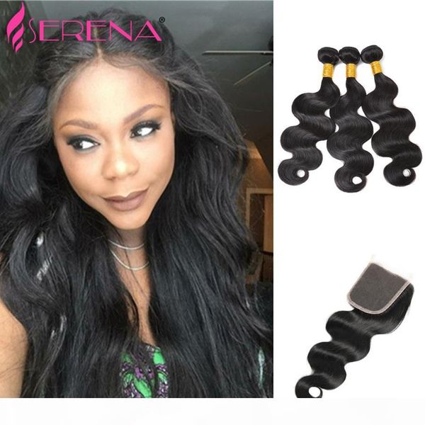 

grade 7a 8-30inches brazilian body wave with closure 3 bundles hair extensions 4*4 natural 1b body wave middle lace closure human hair, Black;brown