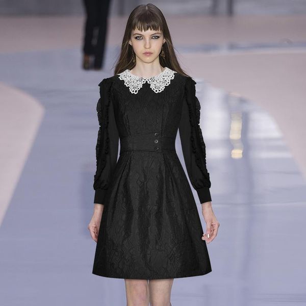 

маленькое черное платье высокое качество взлетно-посадочной полосы платье 2020 женщин винтаж с длинным рукавом ruffles письмо жаккардовые эл, Black;gray