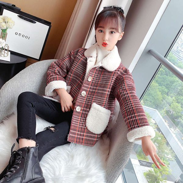 

woolen 2020 new clothing girl's plaid et autumn winter middle school children's thickened cashmere cardigan, Black