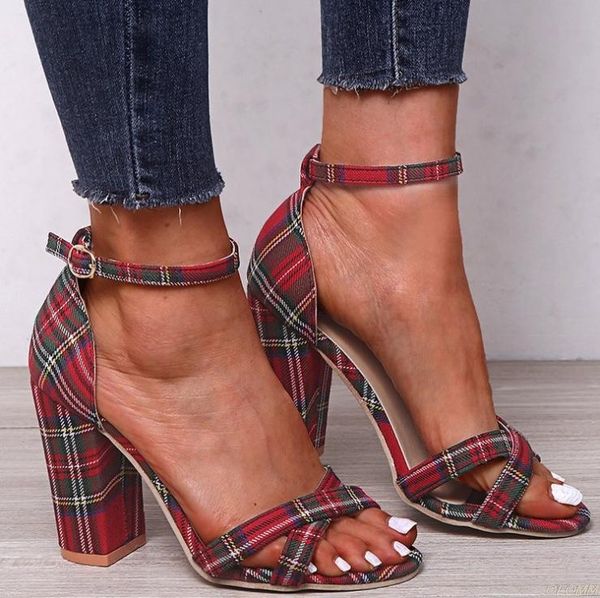 

new women ankle buckle strap sandals summer woman gingham open toe shoes plus size ladies high square heel female fashion, Black