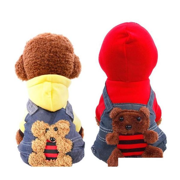 

newly design pet dog jeans overalls cold winter thicken dog clothes warm pet hoodie jumpsuits tracksuits with bear cartoon rompers lmrhu