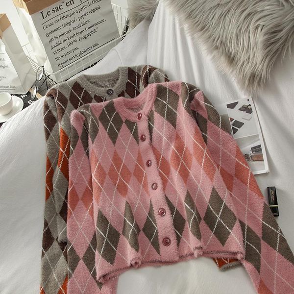 

2020 new poncho preppy style round neck contrast rhombus cardigan long-sleeved sweater women's autumn winter retro slimming, White