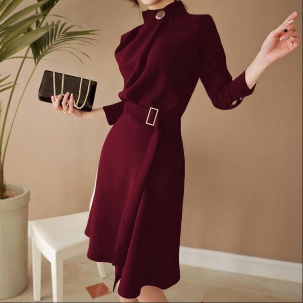 

2021 autumn women elegant button stand neck belted long sleeve work business party black wine red split dress, Black;gray