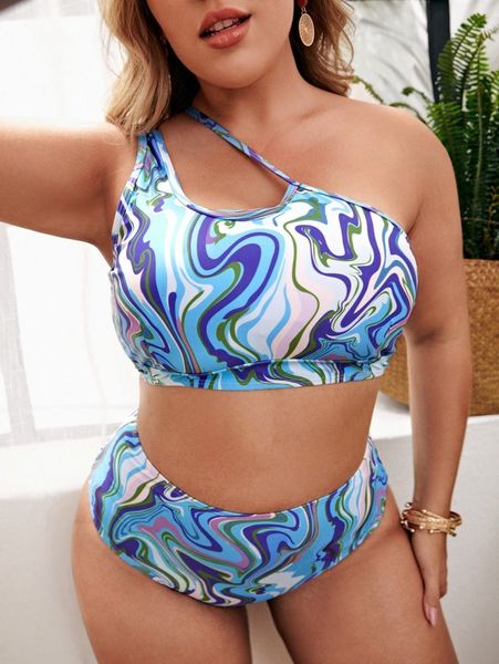 

plus abstract fluid pattern one shoulder bikini swimsuit 333b#, Black