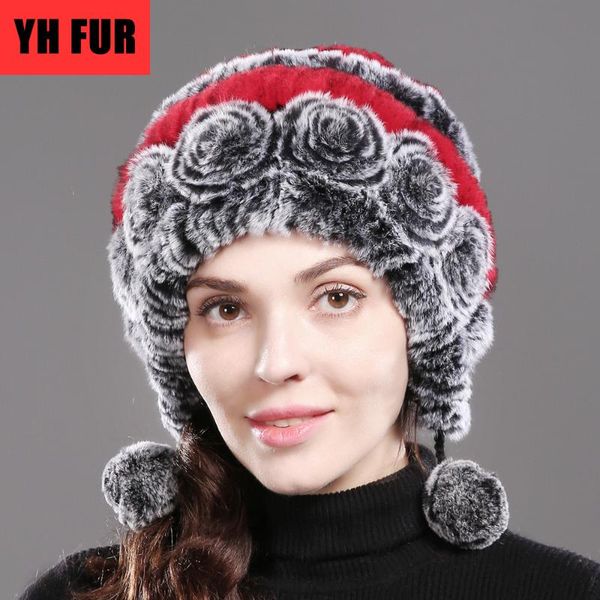 

beanie/skull caps 2021 style winter women flowers striped natural real rex fur hats lady warm knit russian outdoor, Blue;gray