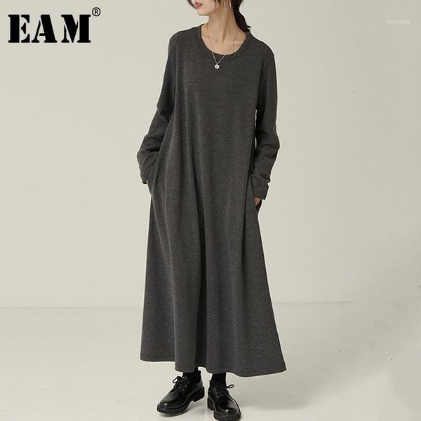 

eam] women gray brief long temperament dress new round neck long sleeve loose fit fashion tide spring autumn 2020 1m9691, Black;gray