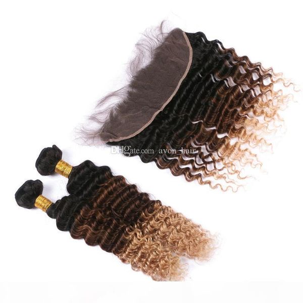 

two tone deep wave hair weft 3pcs with lace frontal three tone 1b 4 27 hair bundles with ear to ear lace frontal, Black;brown