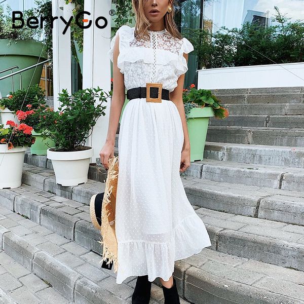 

berrggo lace splicing white long women dress summer 2020 elegant straight office lady dress sleeveless round neck dress casual h1210, Black;gray