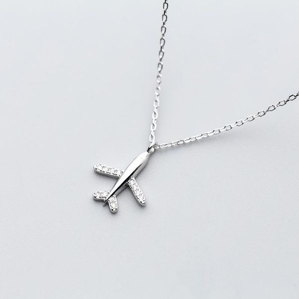 

100% solid 925 sterling silver aircraft shape pendant necklace 47cm chain for women girls handmade crystal jewelry gift