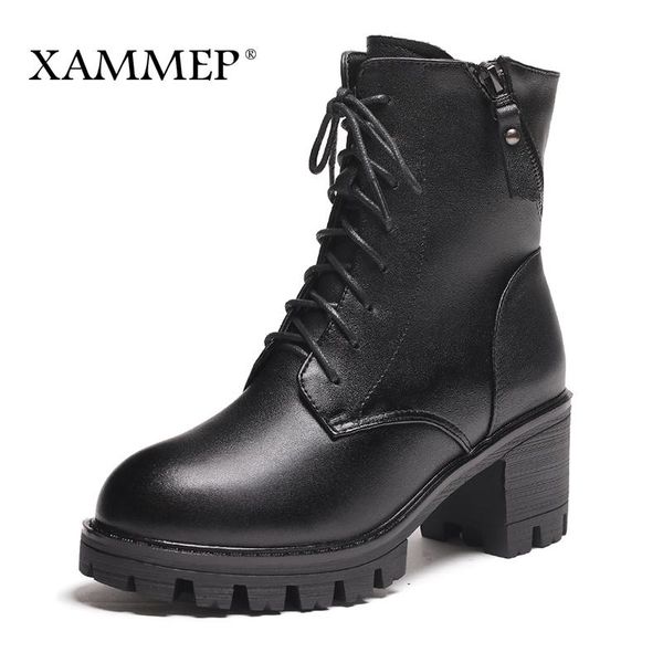 

boots women winter shoes genuine leather natural wool high heel quality ankle plush platform xammep, Black