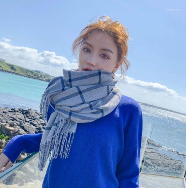 

scarf female winter korean version wild student plaid japanese thick warmth big shawl dual-use bib autumn and winter bufanda1, Blue;gray